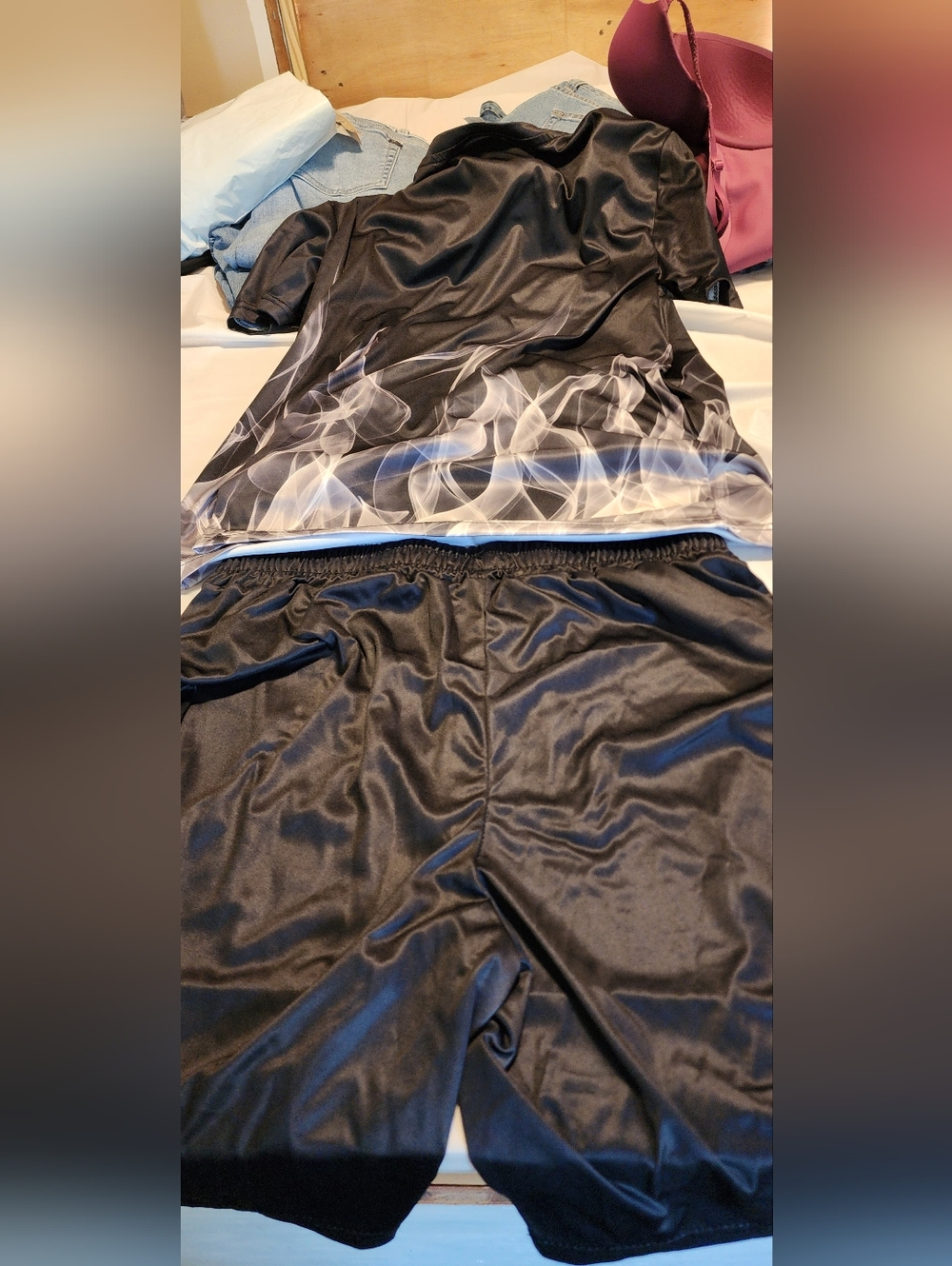 Black Satin Loungewear Set with White Smoke Print